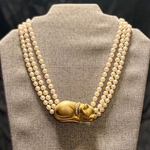 Faux Pearl Handmade Vintage Kitten Pendent Necklace